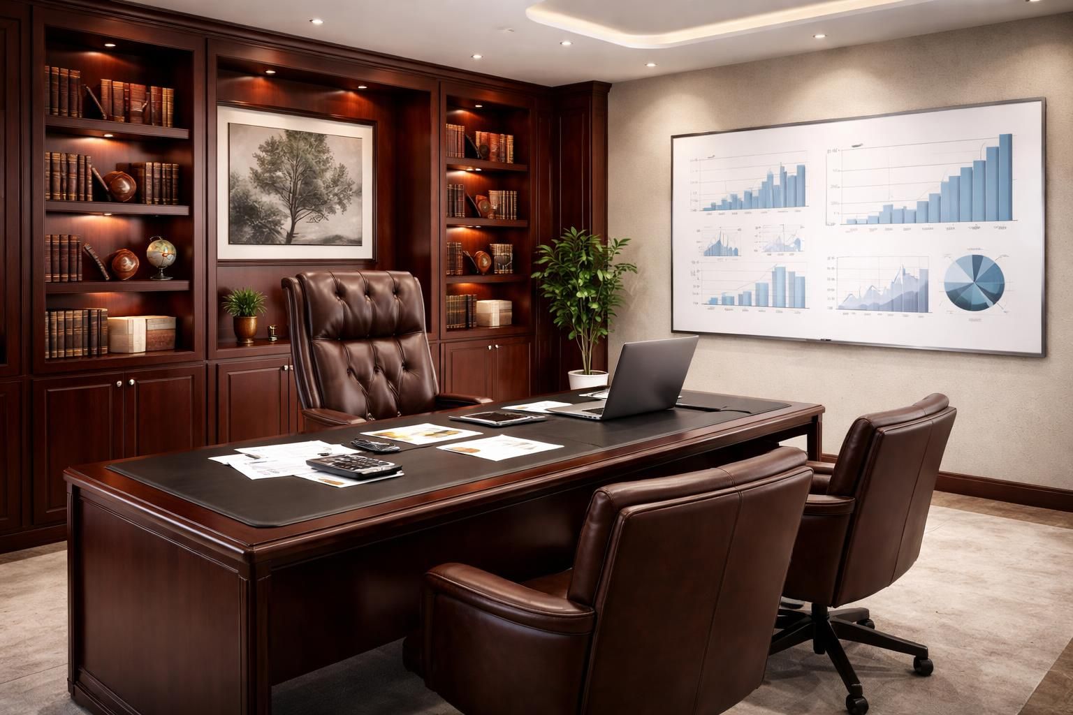 découvrez un bureau financier professionnel équipé de mobilier de direction en cuir, d'une élégante bibliothèque en acajou et d'un tableau blanc pour un espace de travail optimal.