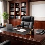 Bureau financier professionnel avec mobilier de direction cuir, bibliothèque acajou et tableau blanc