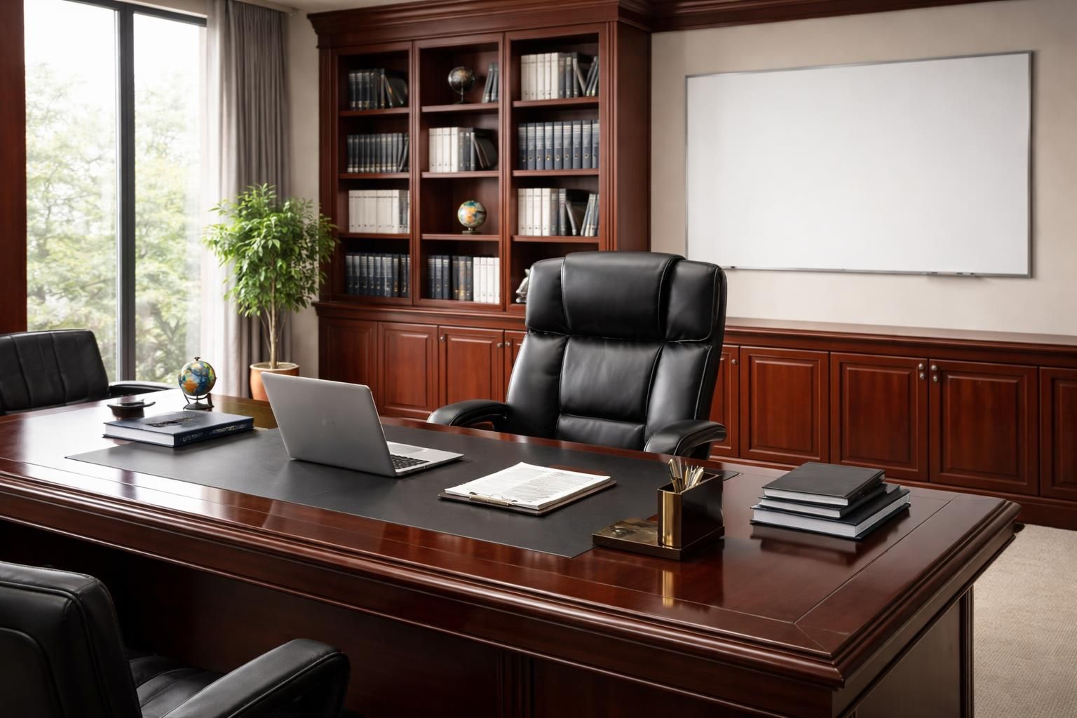 Bureau financier professionnel avec mobilier de direction cuir, bibliothèque acajou et tableau blanc